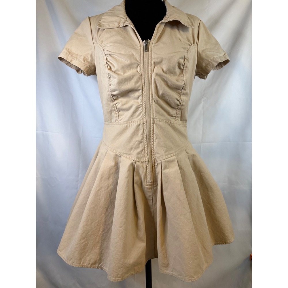 Forever 21 Womens Tan Cotton Zip Front Pleated Fit & Flare Mini Dress Size M